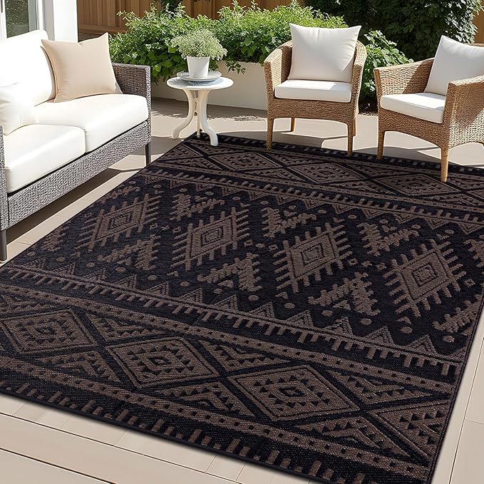 OLANLY Outdoor Rug Waterproof 10x14 ft, Reversible Outdoor Plastic Straw Rug, Boho Patio Rug, Indoor Outdoor Carpet, RV Mat Outside for Patio, Camp, Picnic, Balcony, Deck, Backyard, Black & Brown