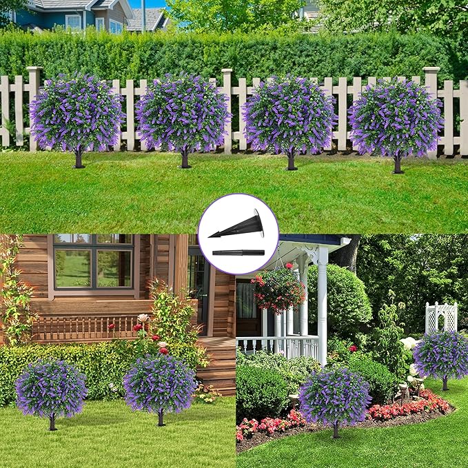 Artificial Boxwood Topiary Ball with Lavender, Set of 2 Artificial Shrub Bushes with Ground Spike, Fake Evergreen Tree for Porch, Artificial Plants for Outdoor Planters Indoor UV Resistant