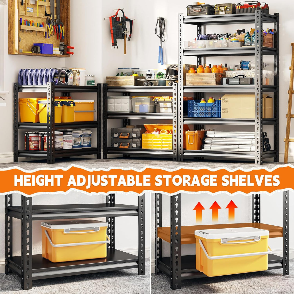 REIBII Storage Shelves, 2000LBS Garage Shelving Heavy Duty, 5 Tier Adjustable Metal Shelving for Garage, Warehouse, Pantry, Kitchen, Basement, 12" D x 27.5" W x 60" H, Black