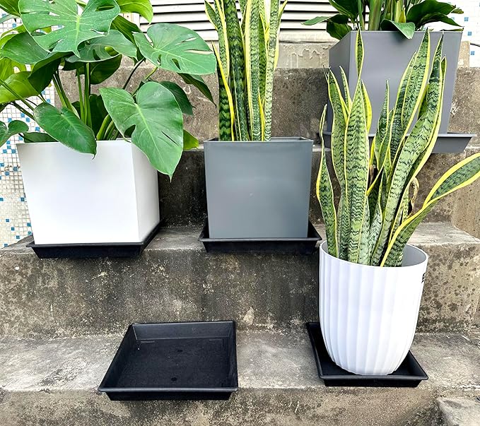 Square Plant Saucer 14 Inch 5 Pack 8 12 14 16 18 20 Plant Trays for Pots Heavy Duty Plastic Plant Saucers for Indoors Outdoors, Flower Pot No Holes Plant Drip Trays