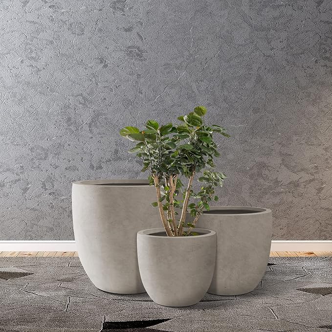 Kante 18",14",10" Dia Concrete Round Planters (Set of 3), Outdoor Indoor Large Planter Pots with Drainage Hole and Rubber Plug for Home Patio Garden, Buff Concrete