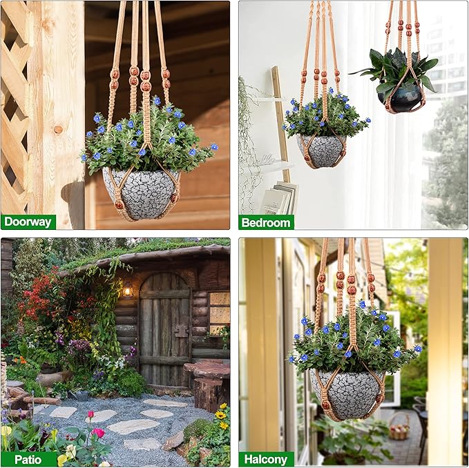 RIFNY Macrame Plant Hanger for 5 to 10 Inch Plant Pots, 35 Inch Woven Rope Hanger Kits with Hooks and Wood Beads, Hanging Planter Basket for Indoor Boho Home Decor (Brown, 3 Pack)
