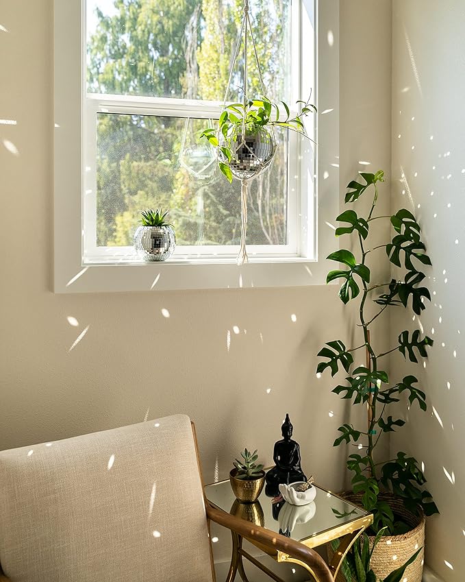 Hanging Disco Ball Planter 8" - with Acrylic Stand and Macrame Plant Hanger - Home Décor, Room Décor, Patio or Boho Décor, Mirror Disco Planter, Disco Decor (8" No Base)