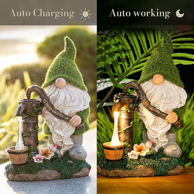 TERESA'S Collections Resin Garden Gnomes Decor with Solar Lights, Light Green Outdoor Decorations for Porch Patio, Gifts for Women and Men，Outdoor Garden Decor Ornaments for Outside, 9"