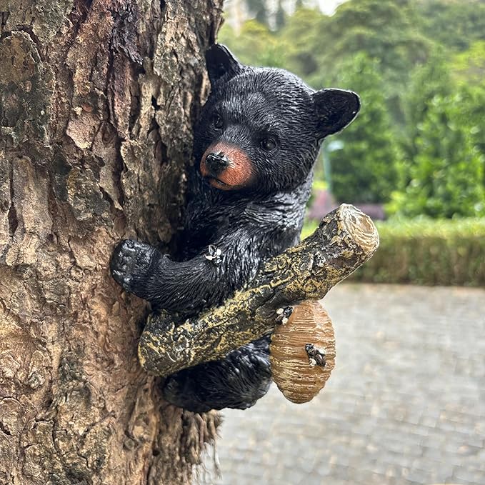 Black Bear Cub Tree Hugger Decor Outdoor Sculpture, Baby Bear Hanging Up a Tree Statue Garden Peeker, Adorable Cute Resin Tree Hugger Bear Face for Gifts and Garden Decor