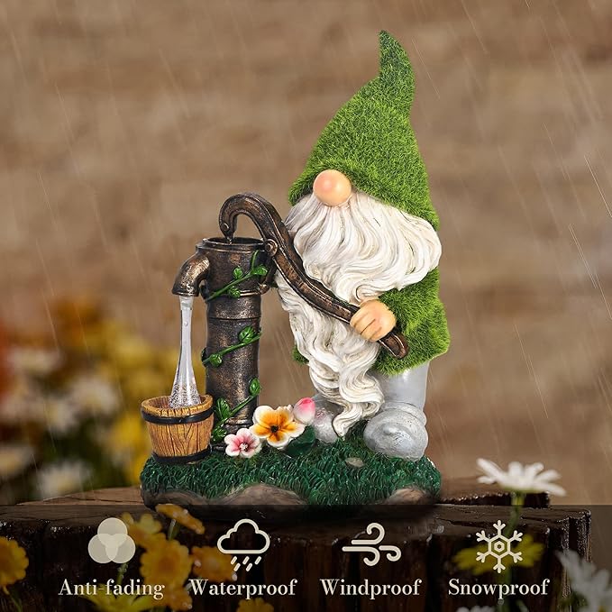 TERESA'S Collections Resin Garden Gnomes Decor with Solar Lights, Light Green Outdoor Decorations for Porch Patio, Gifts for Women and Men，Outdoor Garden Decor Ornaments for Outside, 9"