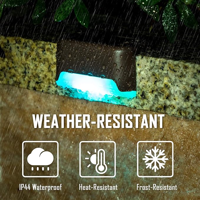pearlstar 24 Pack Waterproof Led Solar Step Lights,Color Changing Light up Swimming Pool Accessories Night Lights,Outdoor Deck Lights for Stairs, Step, Fence, Yard, Patio, and Pathway Decor（Brown）