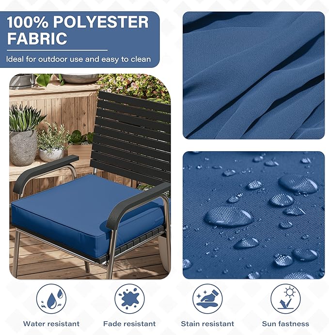 Patio Chair Cushions 22 X 22 X 4 Inch Waterproof Outdoor Seat Cushions for Patio Furniture, Outdoor Sofa Couch Pads with Ties & Handle, Set of 2, Blue