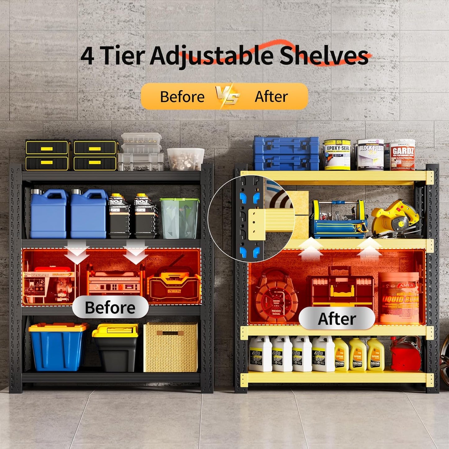Garage Shelving Unit, 4 Tier Heavy Duty Racks, Easy Assembly, Metal Racks with Adjustable Shelves, 3000 LBS Load Capacity,for Warehouse,Basement (Black, 19.7" D x 31.5" W x 63" H)