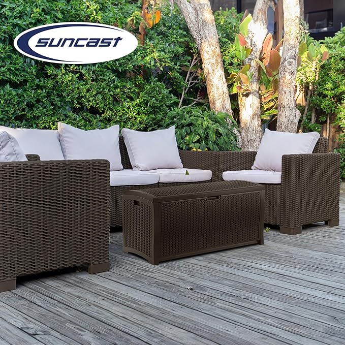 Suncast Outdoor Storage Box - 73 Gallon Mocha Brown Deck Box for Patio, Waterproof Outdoor Storage Bench, Resin Wicker Style, Heavy-Duty, Lockable Lid for Cushions, Shoes, Pool & Garden Gear