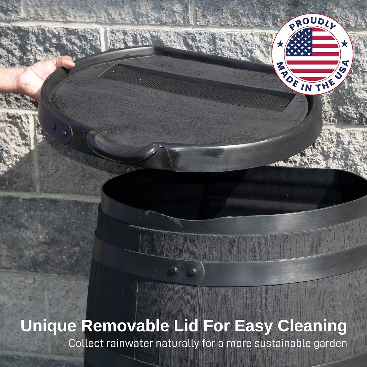 RTS Home Accents Premium 55-Gallon Eco Rain Barrel with Removable Lid, Flat Back Rain Water Collection Barrel, Made with 100% Recycled Plastic, Black