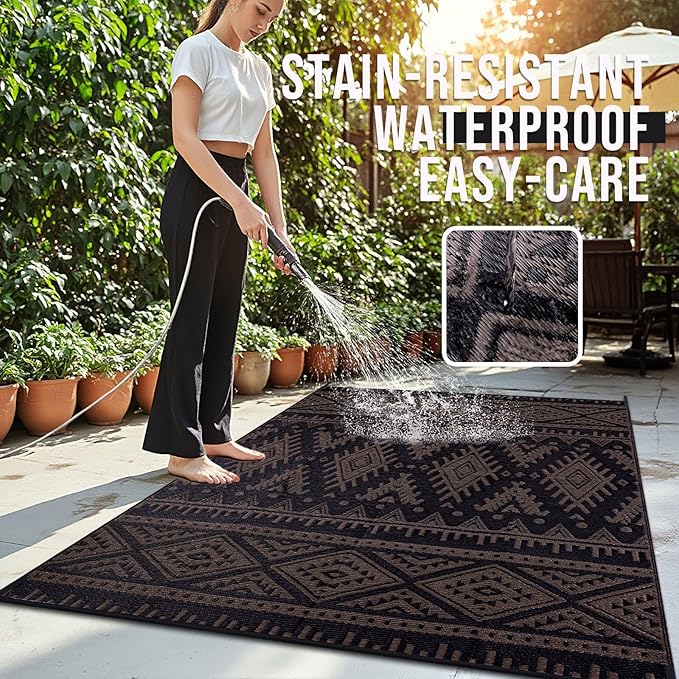 OLANLY Outdoor Rug Waterproof 9x12 ft, Reversible Outdoor Plastic Straw Rug, Boho Patio Rug, Indoor Outdoor Carpet, RV Mat Outside for Patio, Camp, Picnic, Balcony, Deck, Backyard, Black & Brown