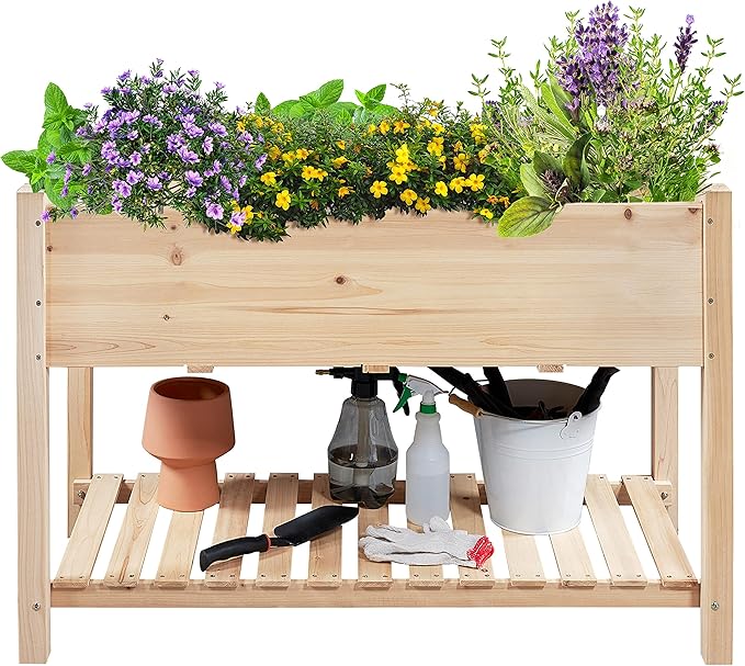 Yaheetech 47x23x32in Wooden Raised Garden Bed with Legs & Storage Shelf Horticulture Wooden Elevated Planter Box Vegetable Growing Bed for Flower/Herb/Backyard/Patio