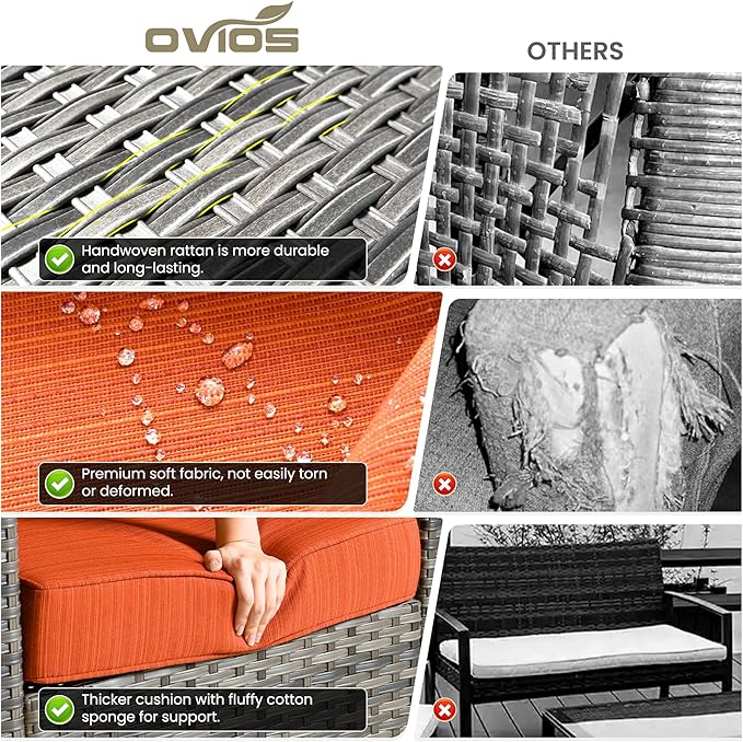 ovios 8 Pieces Patio Furniture Set with 30" Fire Pit Table, Outdoor Wicker Sofa with Comfy Cushions, All Weather High Back Rattan Couch Conversation Set, Orange Red