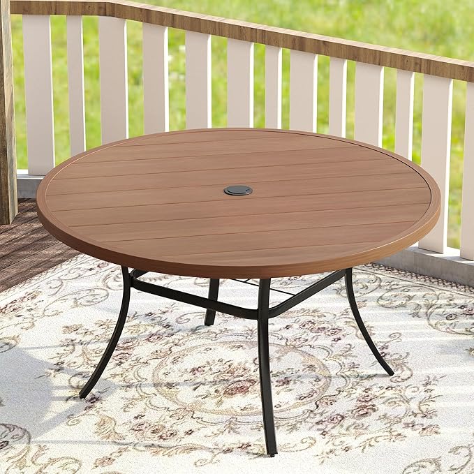 VICLLAX 53" Outdoor Round Patio Table for Lawn Garden, All Weather Metal Round Patio Dining Table with Adjustable Umbrella Hole, Patio Table for 8 Person, Walnut Tabletop