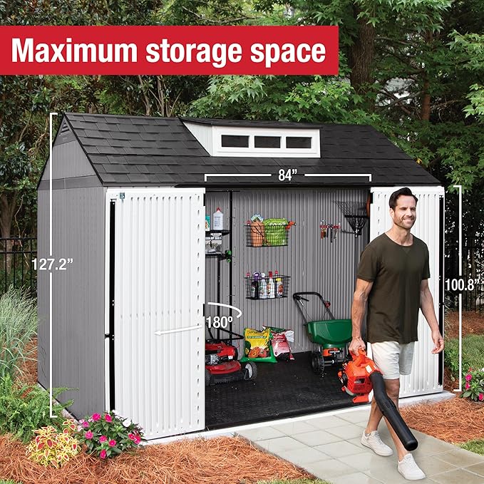 Rubbermaid Extra Large Resin Outdoor Storage Shed With Floor (7 x 10 Ft.), Weather Resistant, Brown, Organization for Home/Lawn Mower/Backyard Equipment/Bike Storage/Pool Supplies