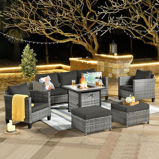 ovios 6 Pieces Patio Furniture Set with 30" Fire Pit Table, Outdoor Wicker Sofa with Comfy Cushions, All Weather High Back Rattan Couch Conversation Set, Black