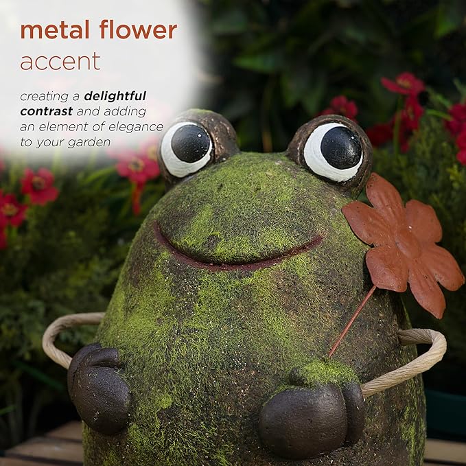 Alpine Corporation MCC834 Indoor/Outdoor Frog with Flower Garden Statue, Playful Frog Statue for Yard, 20" H, Green