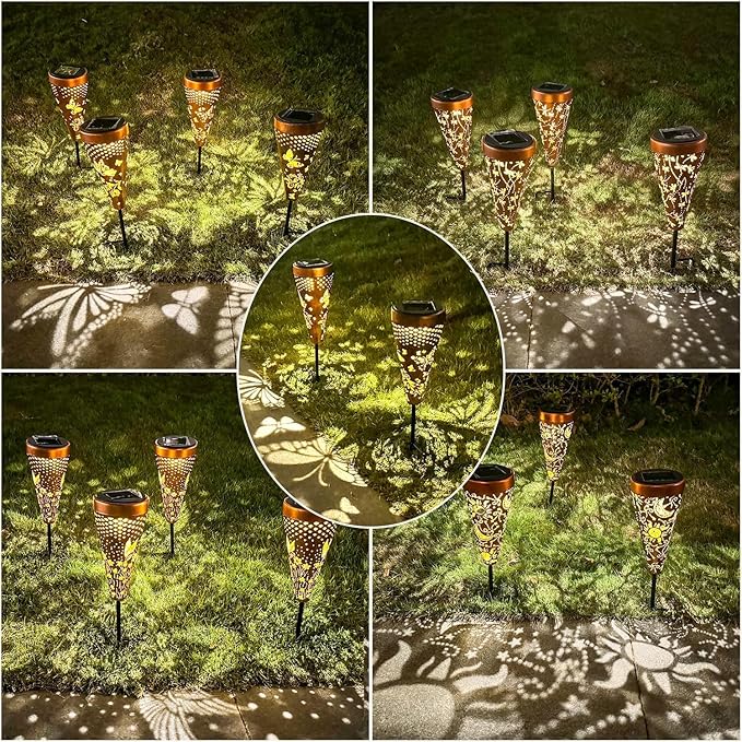 DIBIEECN 4 Pack Butterfly Solar Garden Pathway Lights Outdoor,Metal Garden Decorations Outdoor Lights with Patterns and Warm Light,Waterproof Landscape Lighting for Path Patio Backyard Yard