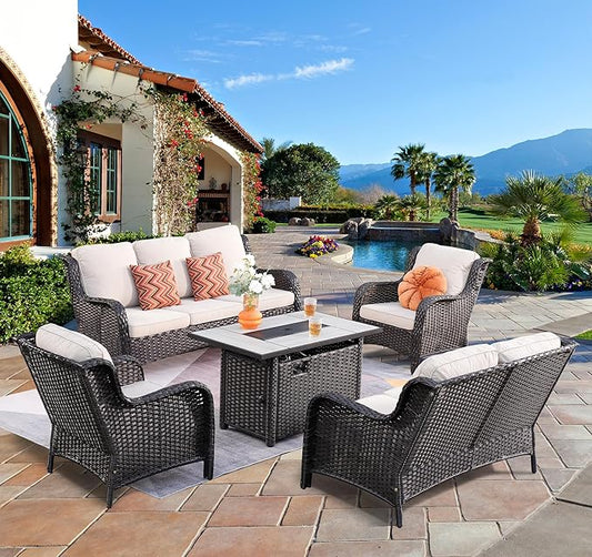 ovios 5 Pieces Patio Furniture Set with 42" Fire Pit Table, Outdoor Wicker Sofa with Loveseat, Comfy Cushions, High Back Couch Conversation Set, Brown Rattan, Beige