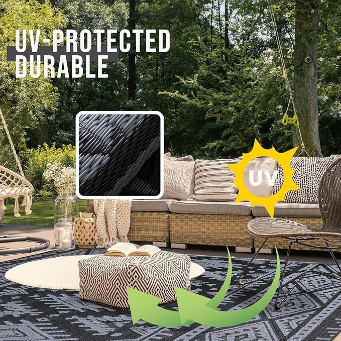 OLANLY Outdoor Rug Waterproof 9x12 ft, Reversible Outdoor Plastic Straw Rug, Boho Patio Rug, Indoor Outdoor Carpet, RV Mat Outside for Patio, Camp, Picnic, Balcony, Deck, Backyard, Black & Grey