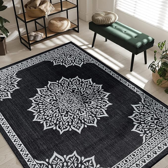 CAMILSON Indoor Outdoor Rug, 10x14 Medallion Black White Modern Area Rugs for Large Indoor and Outdoor Patios, Kitchen and Hallway Mats, Washable Porch Deck Outside Carpet (Medallion Black, 10 x 14)