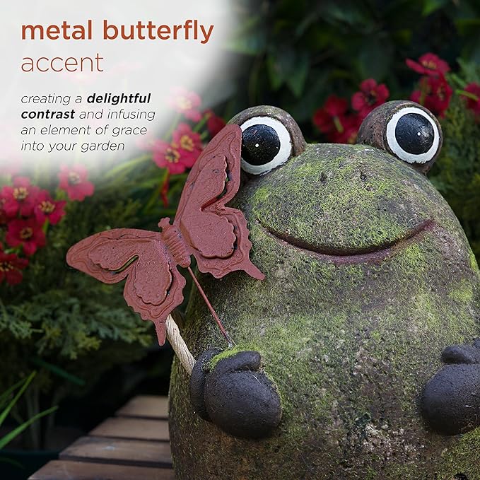 Alpine Corporation MCC836 Indoor/Outdoor Frog with Butterfly Garden Statue, Playful Frog Statue for Yard, 20" H, Green
