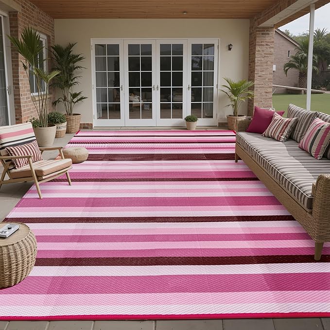 Outdoor Waterproof Rug 6'x9' Plastic Straw Rugs Washable Reversible Floor Mat Pink Stripe Carpet for Camping RV Deck Entryance Porch Picnic Balcony Beach Backyard
