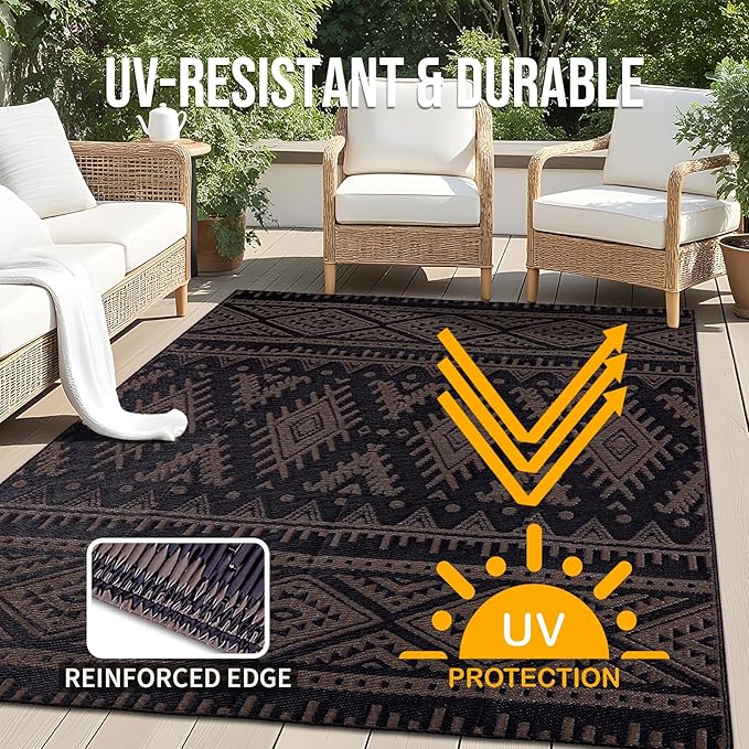 OLANLY Outdoor Rug Waterproof 5x8 ft, Reversible Outdoor Plastic Straw Rug, Boho Patio Rug, Indoor Outdoor Carpet, RV Mat Outside for Patio, Camp, Picnic, Balcony, Deck, Backyard, Black & Brown