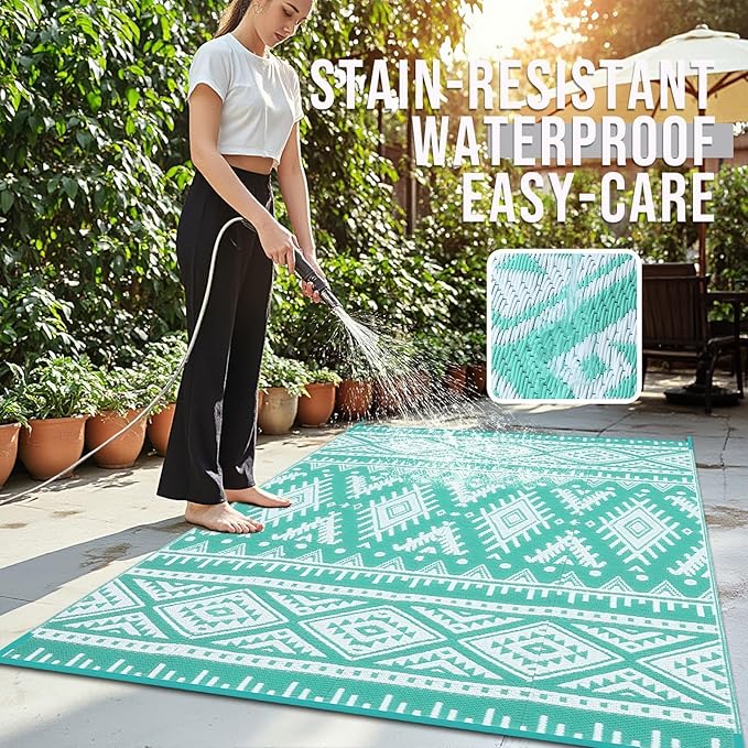 OLANLY Outdoor Rug Waterproof 10x14 ft, Reversible Outdoor Plastic Straw Rug, Boho Patio Rug, Indoor Outdoor Carpet, RV Mat Outside for Patio, Camp, Picnic, Balcony, Deck, Backyard, Turquoise & White