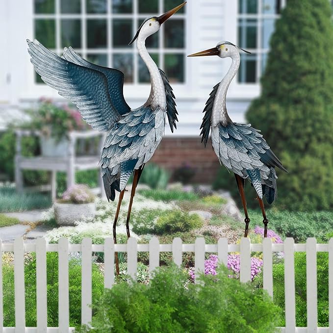 TERESA'S COLLECTIONS Garden Decor Blue Heron Yard Art, 38-42" Large Metal Cranes Sculptures & Statues Decoy for Outdoor Indoor Decorations, Outside Patio, Pool, Lawn, Set of 2, Spring,Gift for Mom