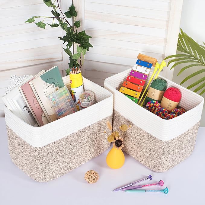 MINTWOOD Design Storage Basket for Shelves, Decorative Baskets for Organizing, Book Basket, Storage Cube Bin Box, Woven Closet Organizer, Pantry Closet and Shoe Basket, Light Brown