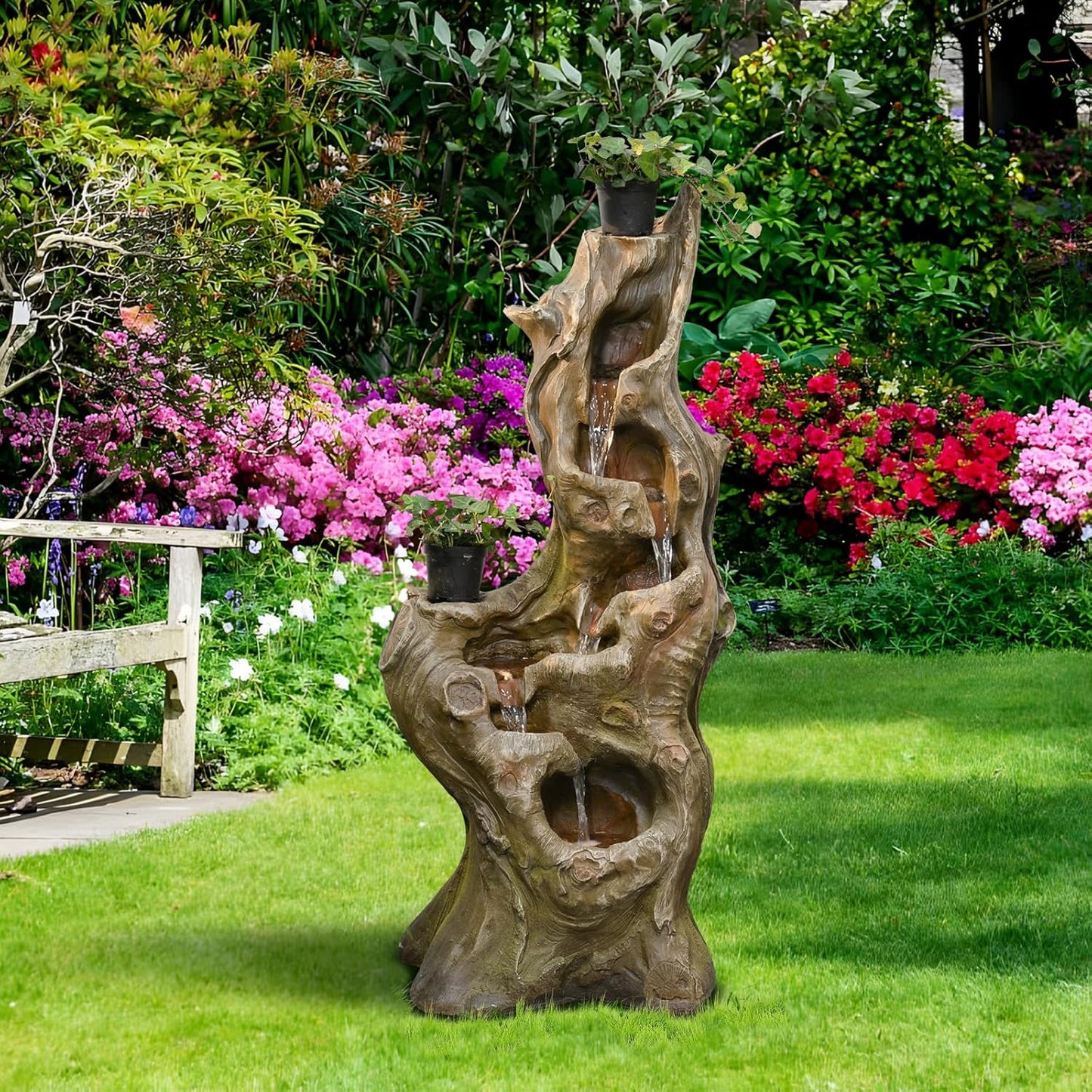 Water Fountain Outdoor 5-Tiers Large Cascading Realistic Tree Trunk Natural Waterfall Outdoor Fountain Resin Imitation Wood with LED Lights for Garden, Patio, Porch