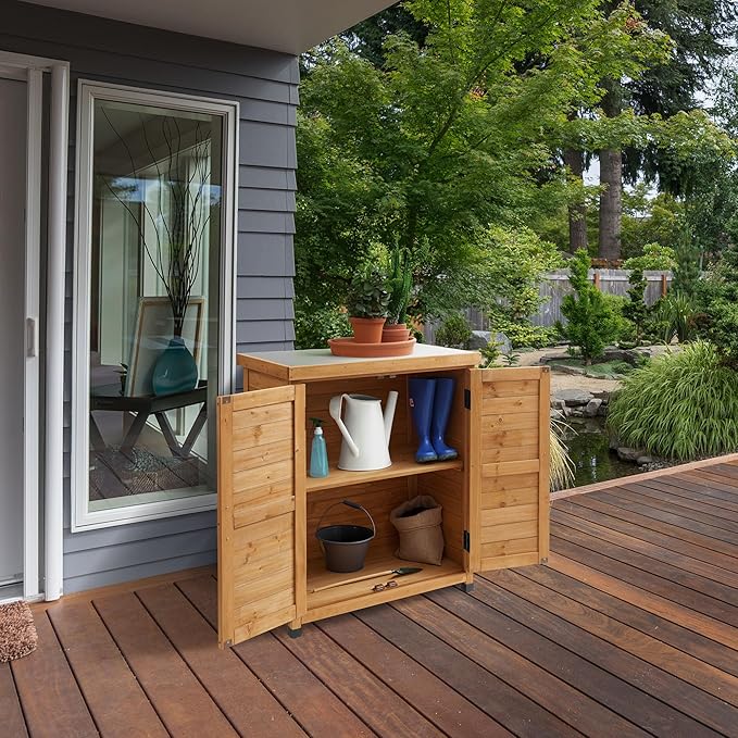 Casafield Outdoor Garden Potting Bench with Metal Tabletop and Storage Cabinet - Wooden Outdoor Garden Patio Workstation Table, Natural