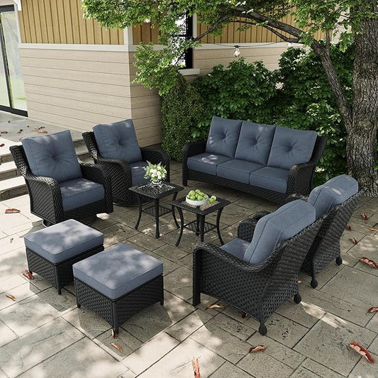 9 Pieces Outdoor Patio Furniture Sets with Rocking Swivel Chairs with 6-inch Thick Cushion and Side Table for Deck Lawn