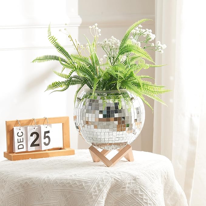 Eekzy Disco Ball 8" Plant Pot - Hanging Planter with Macrame Rope, Square Stand, Silver Chain & Inner Pot - Indoor & Outdoor Decor