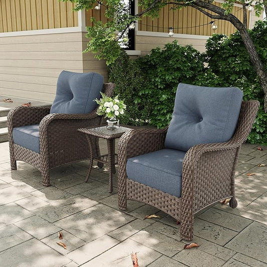 3 Pieces Outdoor Patio Furniture Sets with Single Chairs with 6-inch Thick Cushion and Side Table for Deck Lawn