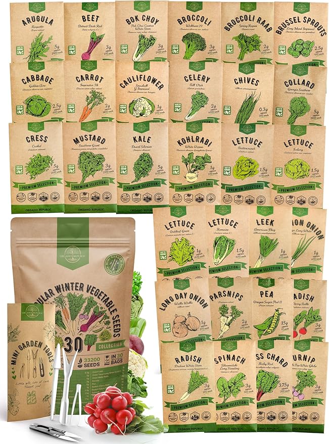 Organo Republic 30 Most Popular Winter Vegetable Garden Seeds Variety Pack- Outdoors/Indoor 8300+ Non-GMO Heirloom Veggie Seeds Broccoli Beet Carrot Cabbage Chives Lettuce Radish Pea Spinach & More