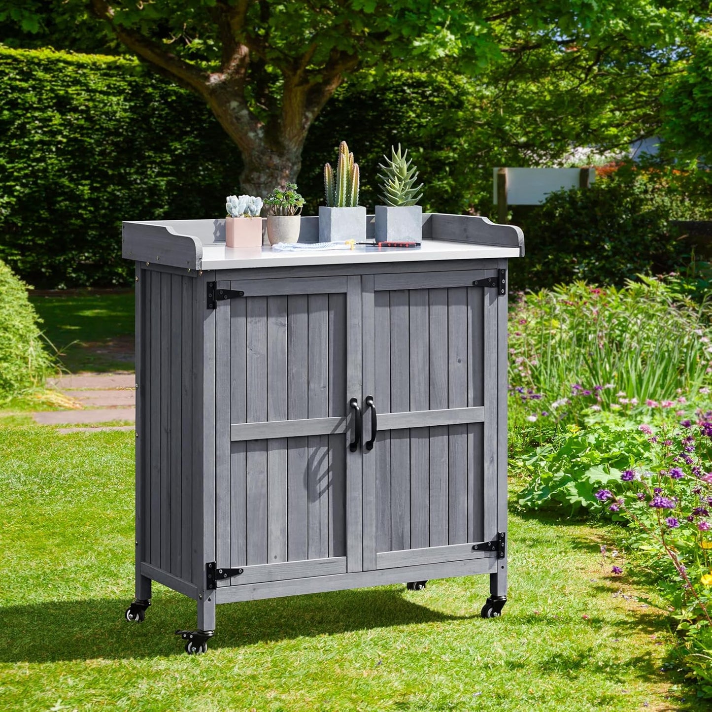 Yaheetech Garden Potting Bench Table, Outdoor Garden Horticultural Wooden Storage Cabinet & Solid Wood Planting Work Bench with Large Space Storage & Metal-Plated Tabletop, Gray