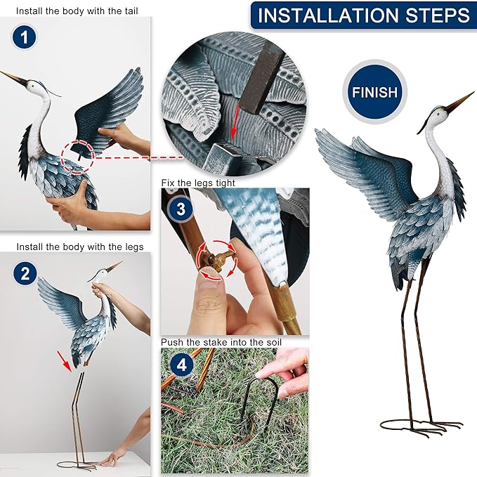 TERESA'S COLLECTIONS Garden Decor Blue Heron Yard Art, 38-42" Large Metal Cranes Sculptures & Statues Decoy for Outdoor Indoor Decorations, Outside Patio, Pool, Lawn, Set of 2, Spring,Gift for Mom
