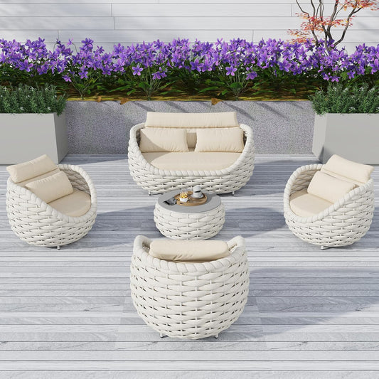 5-Piece Aluminum Patio Furniture Set, Olefin Rope Modern Outdoor Conversation Set Sectional Sofa with Water Repellent Thick Cushions and Coffee Table for Balcony, Garden, Beige