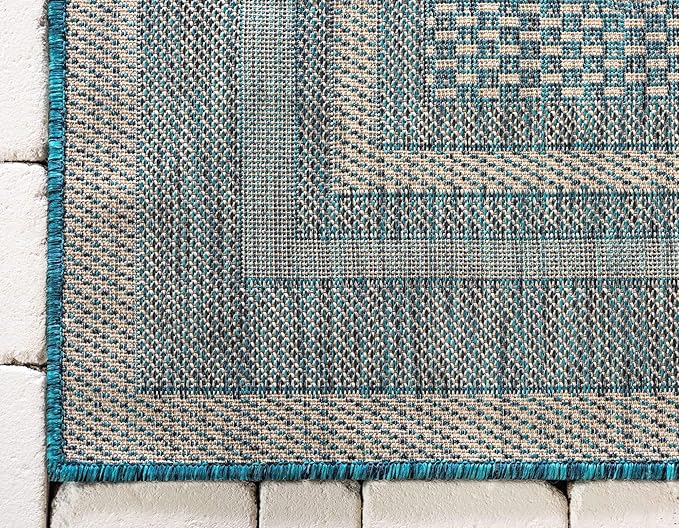 Unique Loom Outdoor Border Collection Area Rug - Soft Border (5' 1" x 8' Rectangle, Teal/ Ivory)