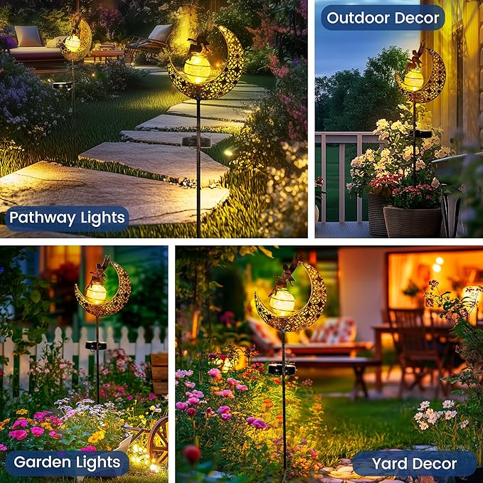 Fairy Moon Solar Lights Outdoor Garden Stakes, Waterproof Metal Decor Gifts for Women Mom, Art Moon Sculpture for Yard, Patio, Garden, Porch, 1 Pack