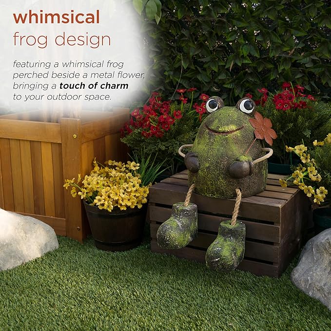Alpine Corporation MCC834 Indoor/Outdoor Frog with Flower Garden Statue, Playful Frog Statue for Yard, 20" H, Green
