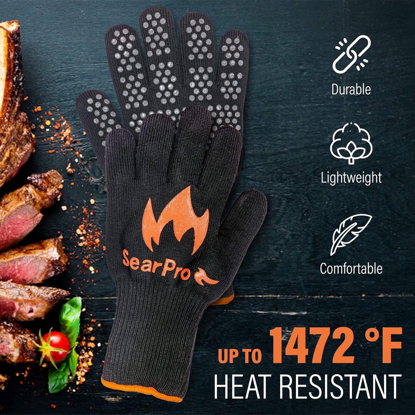 BBQ Grill Gloves Cooking Oven Mitts Fire Heat Resistant to 1400 Degrees Accessories for Barbecue Smoker Egg Fryer Hamburgers Pizza Steaks- Crock pots/Slow cookers -USA Owned Company-