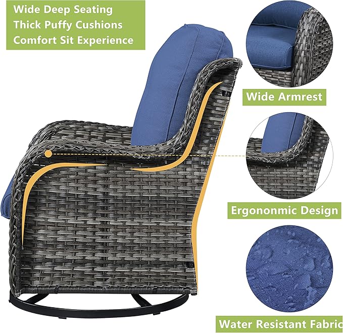 Outdoor Patio Swivel Rocker Chairs - Wicker Rattan Patio Swivel Rocking Chairs Set of 2 with High Back,Deep Seating and Comfort Cushions for Deck Porch Garden,Mixed Grey/Blue