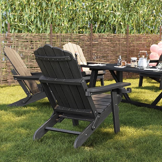 Folding Adirondack Chair with Retractable Ottoman Fire Pit Patio Chair with Adjustable Backrest, 2 Cup Holder Weather Resistant Outdoor, Patio, Lawn, Garden, Backyard Deck, Fire Pit, Black