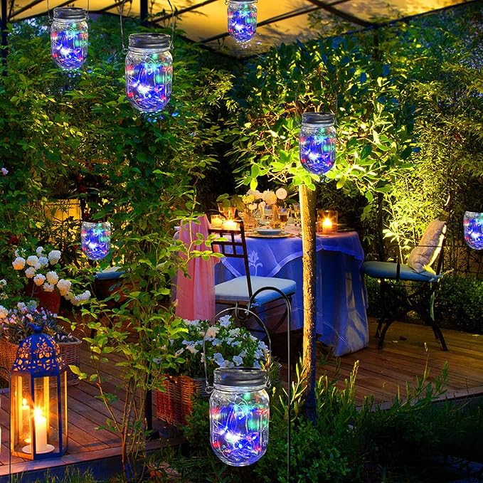 Hanging Solar Mason Jar Lights,ZQX 4 Pack 20 Led String Hanging Mason Jar Lanterns for Outdoor,Great Decor Light for Outside Patio Garden Yard Fence Wedding Table,Hangers and Jars Included（Multicolor）