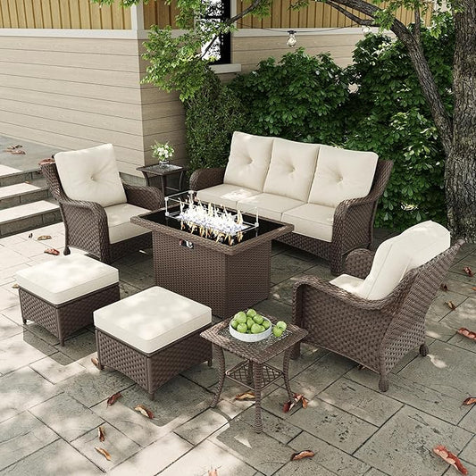 7 Pieces Outdoor Patio Furniture Sets with Single Chairs with 6-inch Thick Cushion and Fire Pit Table for Deck Lawn