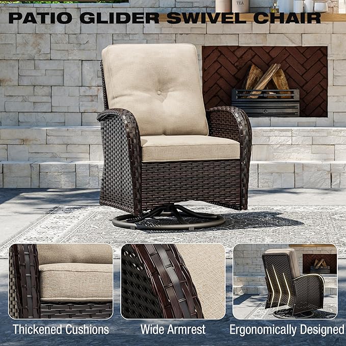 Joyside 10 Piece Patio Furniture Set, Outdoor Wicker Conversation Sets with Swivel Rocker Chairs and Sofa, Thick Cushion, Rattan Patio Sectional for Porch, Deck Use (Brown/Beige, 10 PCS)